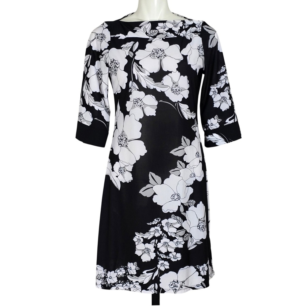 Beechers Brook Women's Black White Floral Print Boat Neck Dress Medium